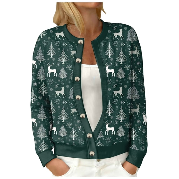 Quealent Womens Christmas Cardigan Casual Funny Reindeer Button Knit Open Front Cute Sweater for Holiday Party Dark Green for Size 5XL
