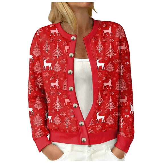 Quealent Womens Christmas Cardigan Casual Funny Reindeer Button Knit Open Front Cute Sweater for Holiday Party Red for Size L