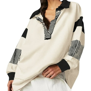 Quealent Womens Color Block Oversized Sweatshirt V Neck Long Sleeve Casual Loose Pullover Tops (Beige,S)