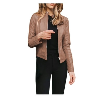Quealent Womens Leather Zip Up Jackets PU Short Moto Coat Fall Slim Fit Biker Outwear Plus Size (Khaki,XXL)