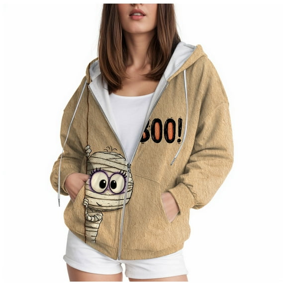 Quealent Womens Halloween Zip Up Hoodies Cute Fall Oversized Hoodied Graphic Long Sleeve Funny Pullover, Basic Tops With Pockets Khaki for Size M