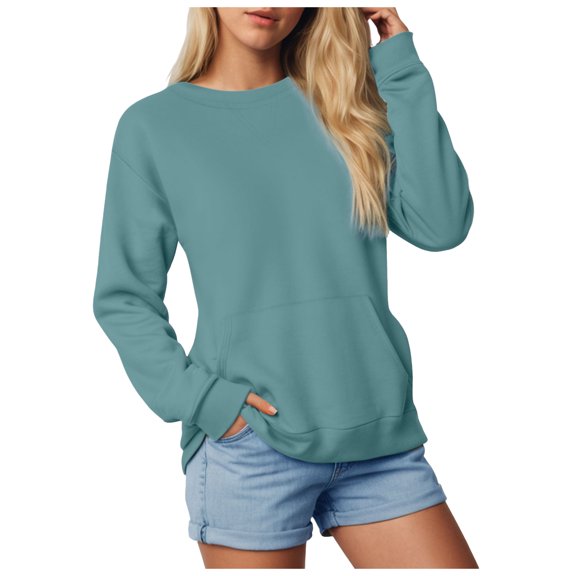 Quealent Womens Long Sleeve Sweatshirt Casual Crewneck Plain Pullover Tops with Pockets Blue,Size S