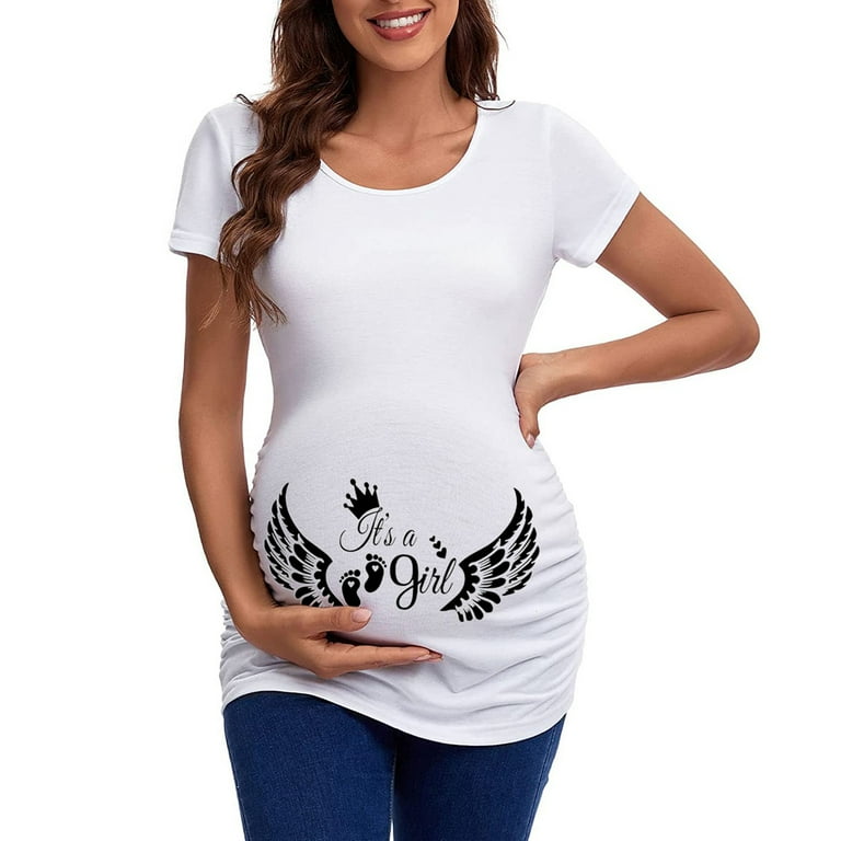 Quealent Womens Maternity Short Sleeve Crew Neck Cute Letter Printed Tops T  Shirt Pregnancy Casual Tee Tunic Extra Long Tops,White M 