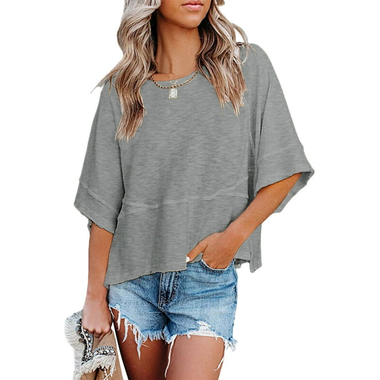 Quealent Womens Plus Size Tops Women Fashion Deep V-Neck Short Sleeve Tops  Solid Casual Loose Basic T Shirt,Gray S