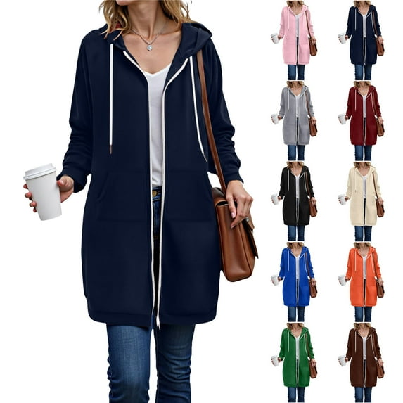 Quealent Womens Zip Up Long Hoodies with Two Way Zipper Fashion Tunic Sweatshirts Long Sleeve Track Jackets with Pockets Orange for Size M