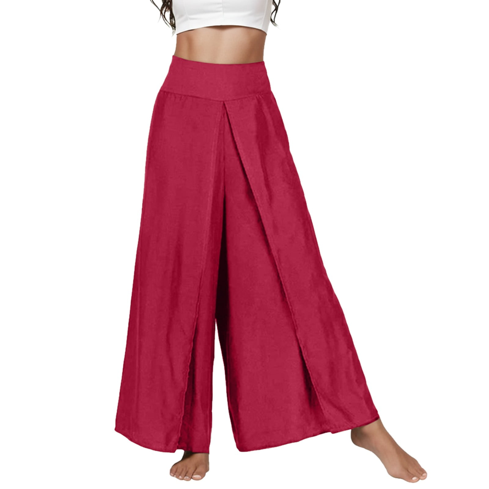Quealent Work Pants for Women Plus Size Womens Smocked Ruffle High Waisted  Wide Leg Pants Casual Loose Yoga Lounge Pajamas with Pockets (Red,XL) 