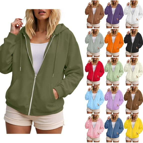 Quealent Zip up Womens Hoodies with Zippers Zipper Jacket Plus Size Womens Sweatshirts and Hoodies Casual Crew Neck Long Sleeve Plain Pullover Tops Pink for Size M