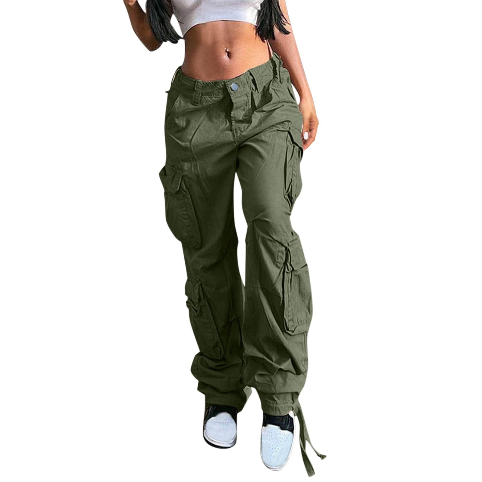 Quealent plus Size on Pants Cargo Pants Cargo Jeans Jogger Pocket Loose Fit  Straight Wide Leg Trouser Size 12 Denim Women Pants Green 2XL 