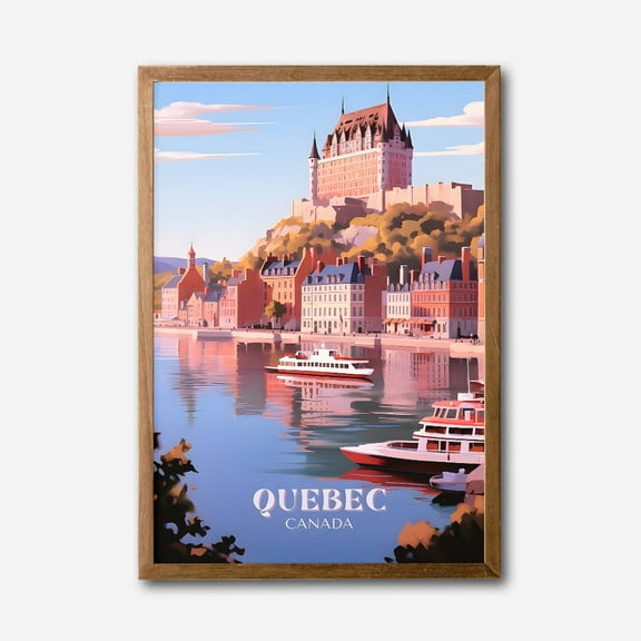 Quebec Canada Cityscape Canvas Wall Art, Vintage Travel Poster, Colorful Château Frontenac Decor, Scenic River and Boats Artwork, Framed Modern Wall Art for Living Room Office Bedroom