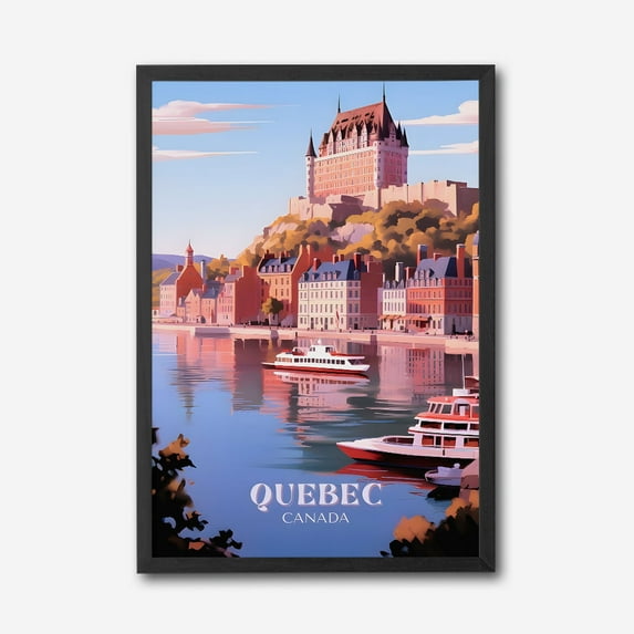 Quebec Canada Cityscape Canvas Wall Art, Vintage Travel Poster, Colorful Ch&acirc;teau Frontenac Decor, Scenic River and Boats Artwork, Framed Modern Wall Art for Living Room Office Bedroom