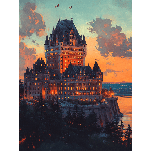 Quebec Chateau Frontenac Retro Canvas Print, Canadian City Vintage Travel Art, Living Room Wall Decor