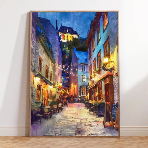 Quebec City Canada Old Town Historic Street Evening Art, Stretched Canvas Size 16x24