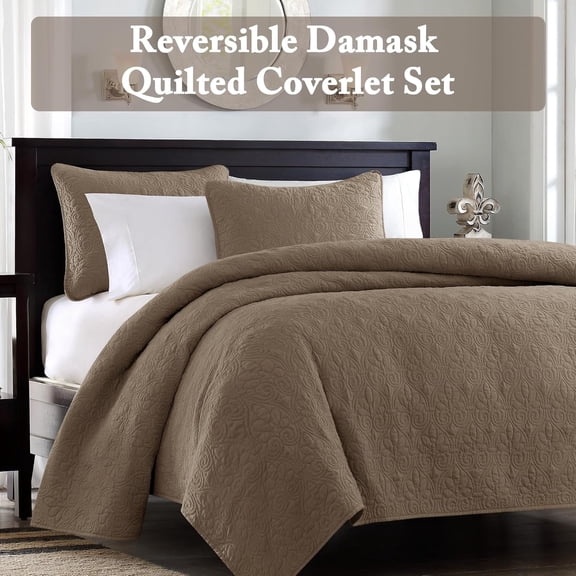 Quebec Quilt Set - Luxurious Damask Stitching Design, Cotton Filled Lightweight Coverlet Bedspread Bedding, Shams, Full/Queen(90"x90"), Mocha 3 Piece