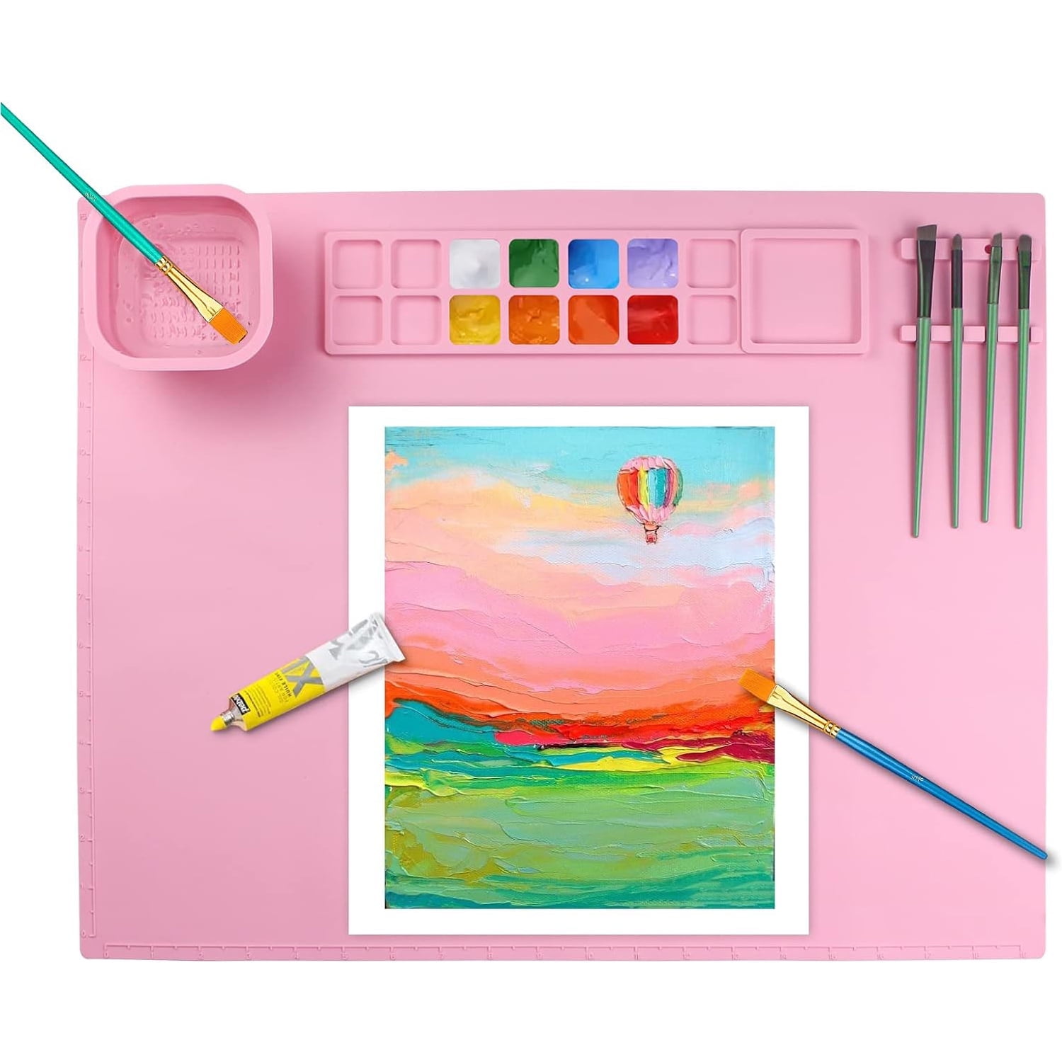 Queceuy Silicone Painting Mat,20"X16" Large Paint Mat with 1 Water Cup,Handmade Erasable Washable,for Resin,DIY, Clay,Play Doh,Art Mat for Kids,Pink