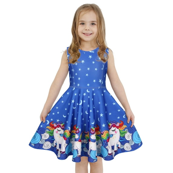 Quedoris Gilrs Print Twirly Dress Starry Unicorn Sleeveless XXL(9-10 Years)
