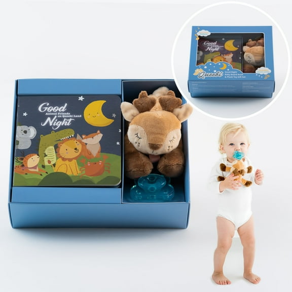 Queebi Baby Book & Deer Pacifier Holder Gift Set - Includes Board Book, Audio Book, Plush Toy Pacifier Holder and Pacifier - Unisex Baby Gift - 0+ months Baby Toy