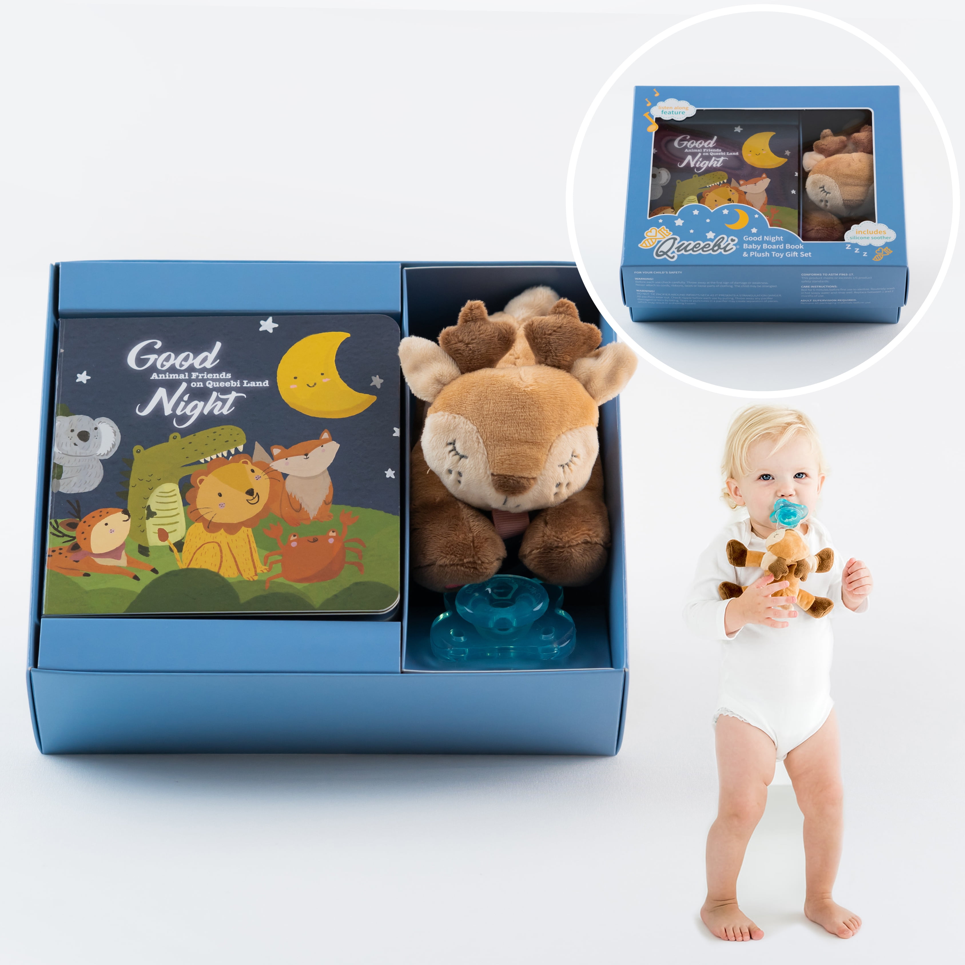 Queebi Baby Book &amp; Deer Pacifier Holder Gift Set - Includes Board 