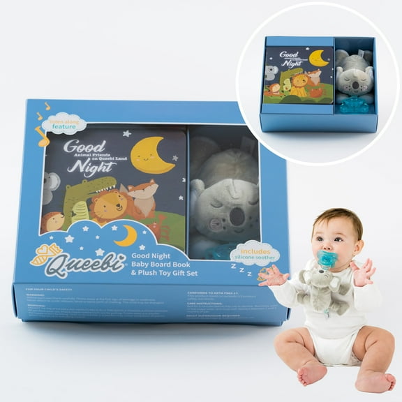 Queebi Baby Book & Koala Pacifier Holder Gift Set - Includes Board Book, Audio Book, Plush Toy Pacifier Holder and Pacifier - Unisex Baby Gift - 0+ months Baby Toy