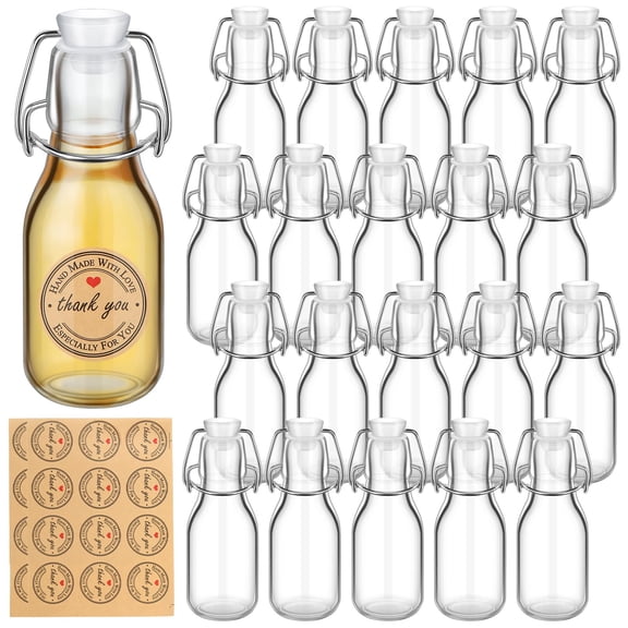 Queekay 30 Pcs Mini Flip Top Glass Bottle with Stoppers Decorative Swing Top Bottles Small Glass Bottles with Lids Kraft Adhesive Round Stickers for Wedding Themed Party Favors(5.07 oz) Y101