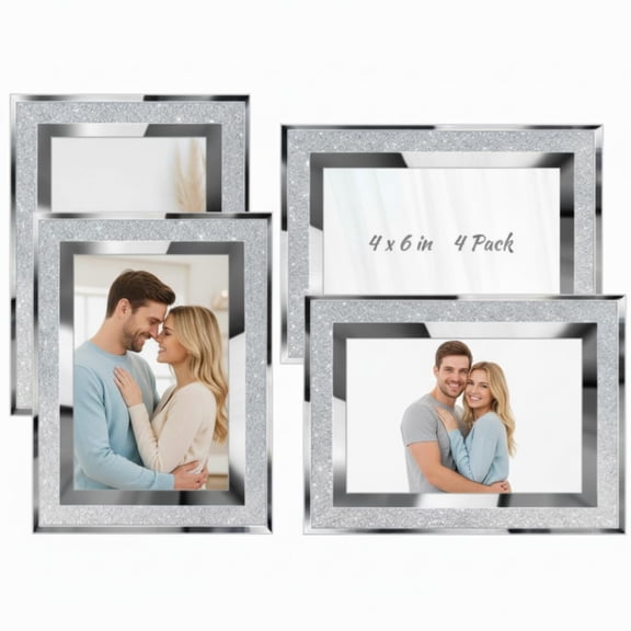 Queekay 4 Pack Valentines Glitter Picture Frame Silver 4 x 6 Inch Crystal Bling Mirror Picture Frame Wall Decor for Valentines Graduation Wedding Home Table C113