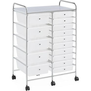 QueelQuest 15 Drawers Rolling Storage Cart Multipurpose Mobile Rolling Utility Storage Organizer Cart Tools Scrapbook Paper Organizer on Wheels, White