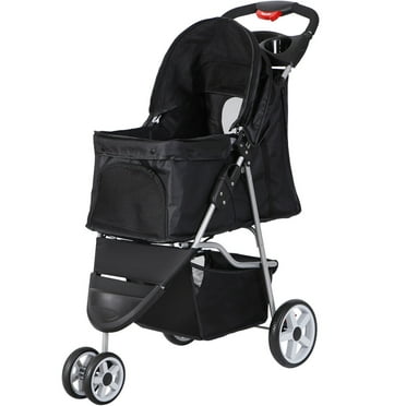 QueelQuest 3/4-Wheels Foldable Pet Stroller Dog Cat Stroller with Storage Basket & Cup Holder For All Reasons(3-Wheels Pet Stroller,Black)
