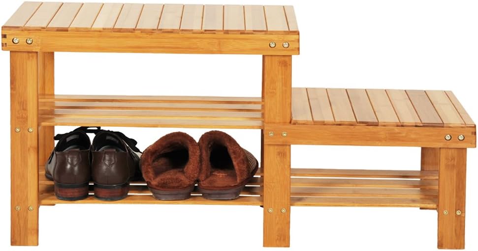 QueelQuest 3-Tier Bamboo Shoe Bench 35.5 Inch Long Entryway Storage ...