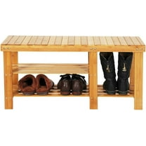 QueelQuest 3-Tier Bamboo Shoe Bench 35.5 Inch Long Entryway Storage Rack Shoes Organizer