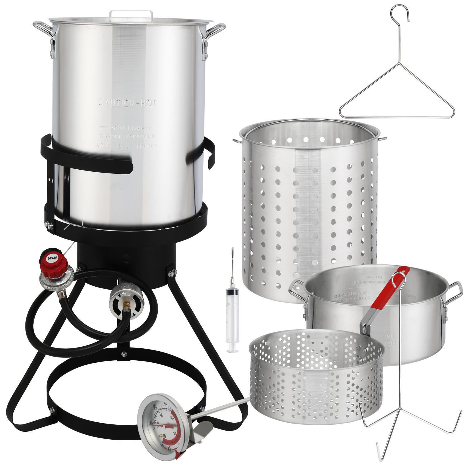 QueelQuest 30 Qt Turkey Deep Fryer & 10QT Fish Fryer Kit w/Baskets,Aluminum Fish & Seafood Boiler Steamer with 54,000 BTU Propane Gas Burner Stand Injector Thermometer Hose, Ideal for Outdoor Fry