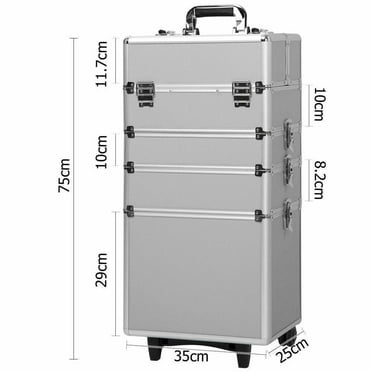 QueelQuest 4 in 1 Rolling Makeup Train Case, Aluminum Makeup Travel Organizer Cosmetic Case, Cosmetology Display Suitcase on Wheels, Beauty Storage Luggage Lockable w/4 Removable Wheels(Silver)