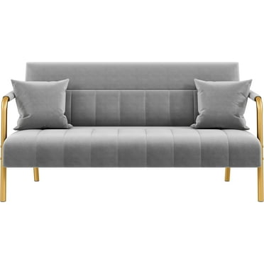 QueelQuest 56.5" W Modern Loveseat 2 Seater Sofa Luxurious Velvet Fabric Couch with Gold-Tone Metal Arms and Legs for Living Room, Home Office, Studio Light Gray