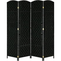 QueelQuest 6 FT Tall Rattan Room Divider, Folding Privacy Screen, Indoor Partition Wall Dividers, Freestanding Hinged Space Separator (Black, 4 Panel)
