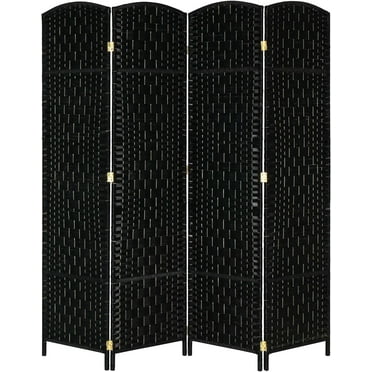 QueelQuest 6 FT Tall Rattan Room Divider, Folding Privacy Screen, Indoor Partition Wall Dividers, Freestanding Hinged Space Separator (Black, 4 Panel)