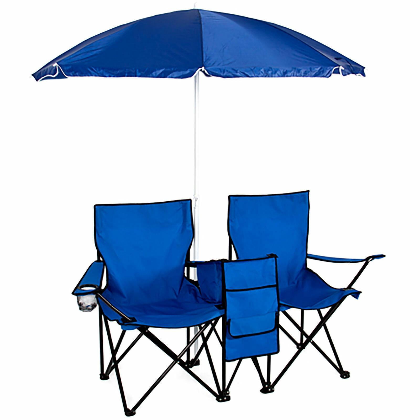 Blue Double Folding Camping Chairs with Umbrella and Cooler