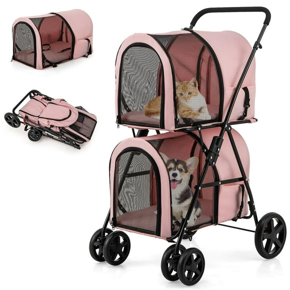 QueelQuest Double Pet Stroller with 2 Detachable Carrier Bags, Safety Belt, 4 Lockable Wheels Cat Stroller Travel Carrier Strolling Cart, Folding Dog Stroller for Small Medium Dogs Cats Puppy (Pink)