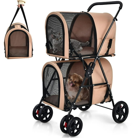 QueelQuest Double Pet Stroller with 2 Detachable Carrier Bags, Safety Belt, 4 Lockable Wheels Cat Stroller Travel Carrier Strolling Cart, Folding Dog Stroller for Small Medium Dogs Cats Puppy (Beige)