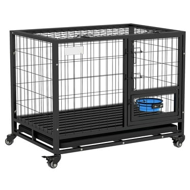 QueelQuest Heavy Duty Dog Crate with Bowl Holder, Strong Steel Dog Cage Kennel with Wheels, Detachable Door, Openable Top and Removable Tray for Large and Extra Large Dogs(36.2" x 24.4" x 28.7")