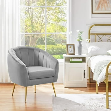 QueelQuest Modern Vanity Chair, Velvet Soft Accent Chair with Gold Metal Legs, Tufted Armchair Chaise Lounge for Living Room/Bedroom, Gray
