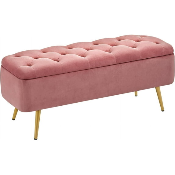 QueelQuest Ottoman 42 Inches Storage Bench with Storage Folding Polyester Boucle Bench Foot Stool Bench Hinged Stool Footstool Bench for Living Room Bedroom Entryway Pink