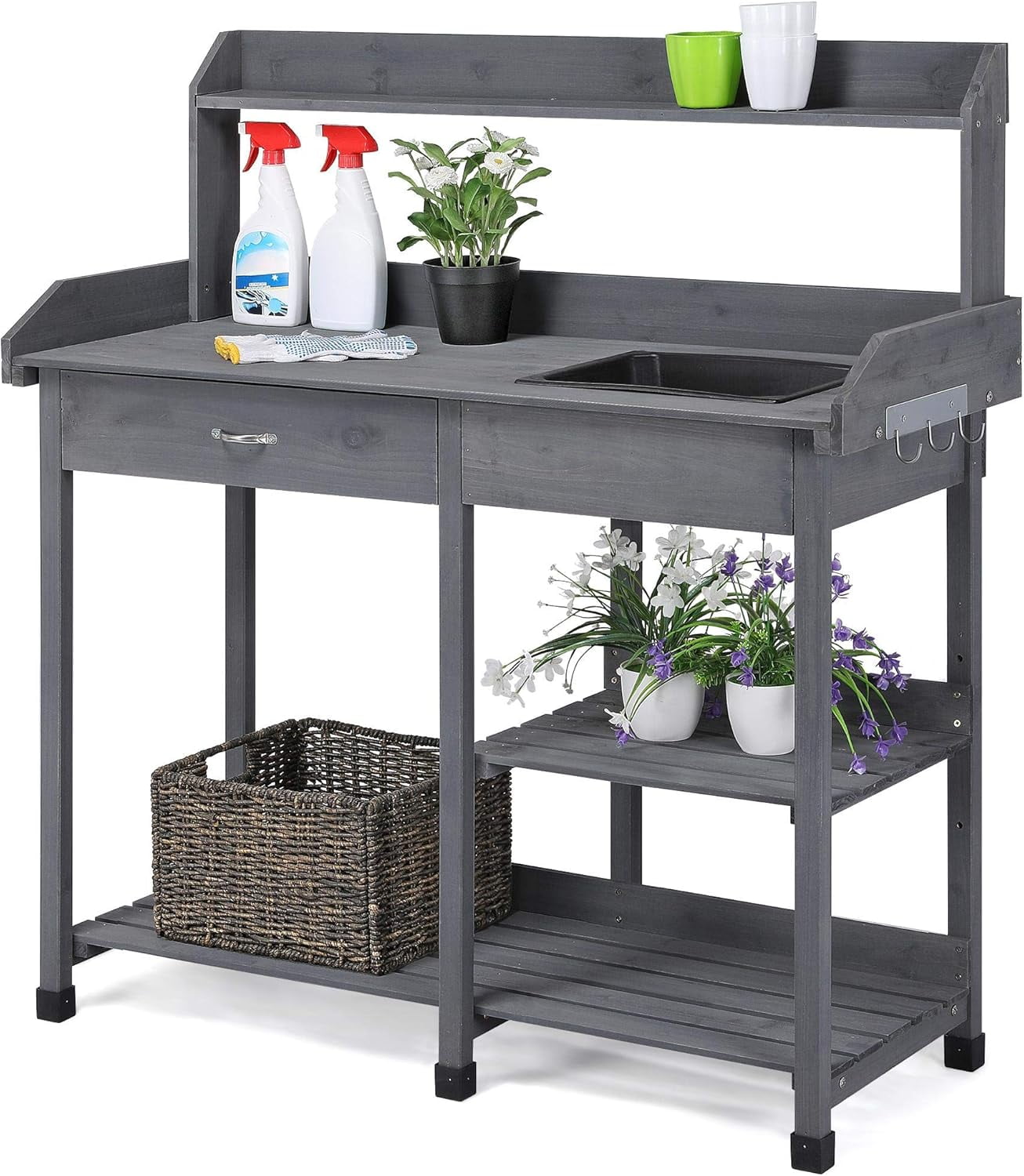 Gray Cedar Wood Outdoor Potting Bench with Sink and Shelves