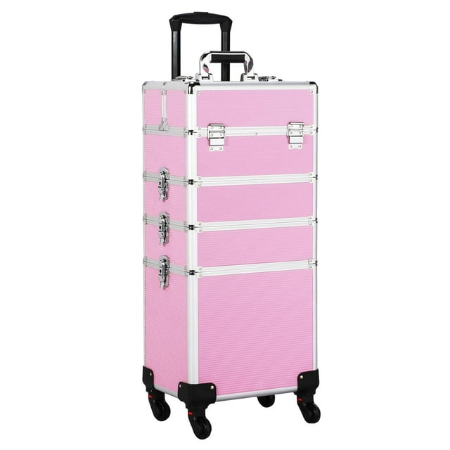 QueelQuest Professional Makeup Train Case 4 in 1 Rolling Cosmetic Trolley Makeup Case Organizer Makeup Travel Case, with 4 Detachable Removable Wheels, Pink