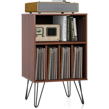 QueelQuest Record Player Stand, Turntable Stand Holds up to 150 Albums, Mid-Century Vinyl Storage Cabinet Table with Metal Legs, Record Player Holder End Table for Bedroom Living Room, Brown