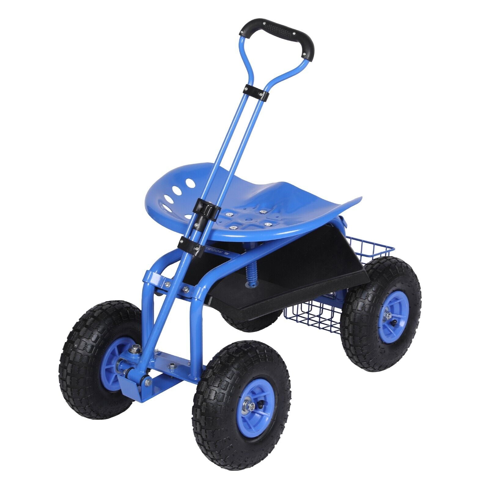 Blue Steel Rolling Garden Work Seat with Swivel and Storage