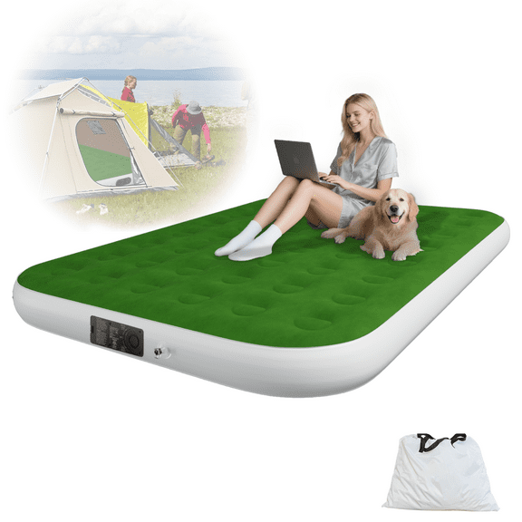 Queen 10" Top Flocking Air Mattress with Built-in Pump Raised Comfort,Fast Inflation/Deflation Foldable Portable Air Bed with Storage Bag for Home,Camping,Guests Green