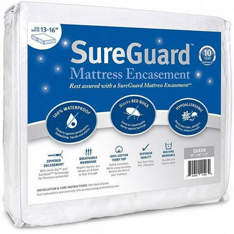 Queen (13-16 in. Deep) SureGuard Mattress Encasement - 100% Waterproof, Bed  Bug Proof, Hypoallergenic - Premium Zippered Six-Sided Cover