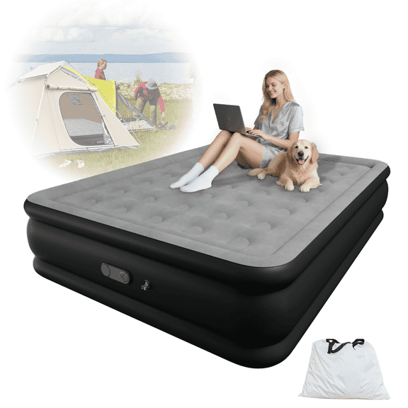 Queen 18" Top Flocking Air Mattress with Built-in Pump Raised Comfort,Fast Inflation/Deflation Foldable Portable Air Bed with Storage Bag for Home,Camping,Guests Grey