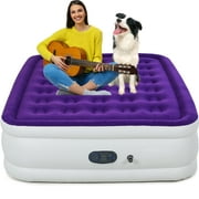 Queen 18" Top Flocking Air Mattress with Built-in Pump Raised Comfort,Fast Inflation/Deflation Foldable Portable Air Bed with Storage Bag for Home,Camping,Guests Purple