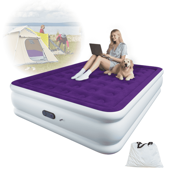 Queen 18" Top Flocking Air Mattress with Built-in Pump Raised Comfort,Fast Inflation/Deflation Foldable Portable Air Bed with Storage Bag for Home,Camping,Guests Purple
