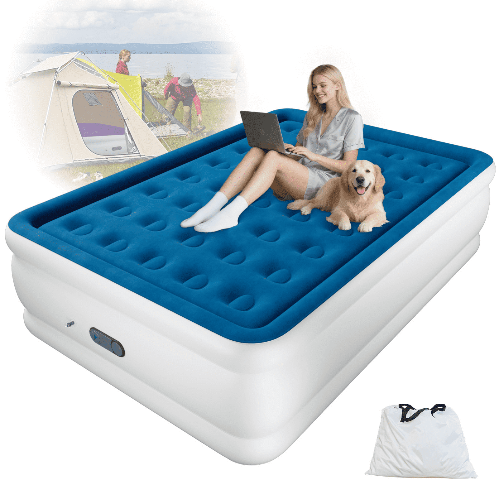 Queen 22" Top Flocking Air Mattress with Built-in Pump Raised Comfort,Fast Inflation/Deflation Foldable Portable Air Bed with Storage Bag for Home,Camping,Guests Blue