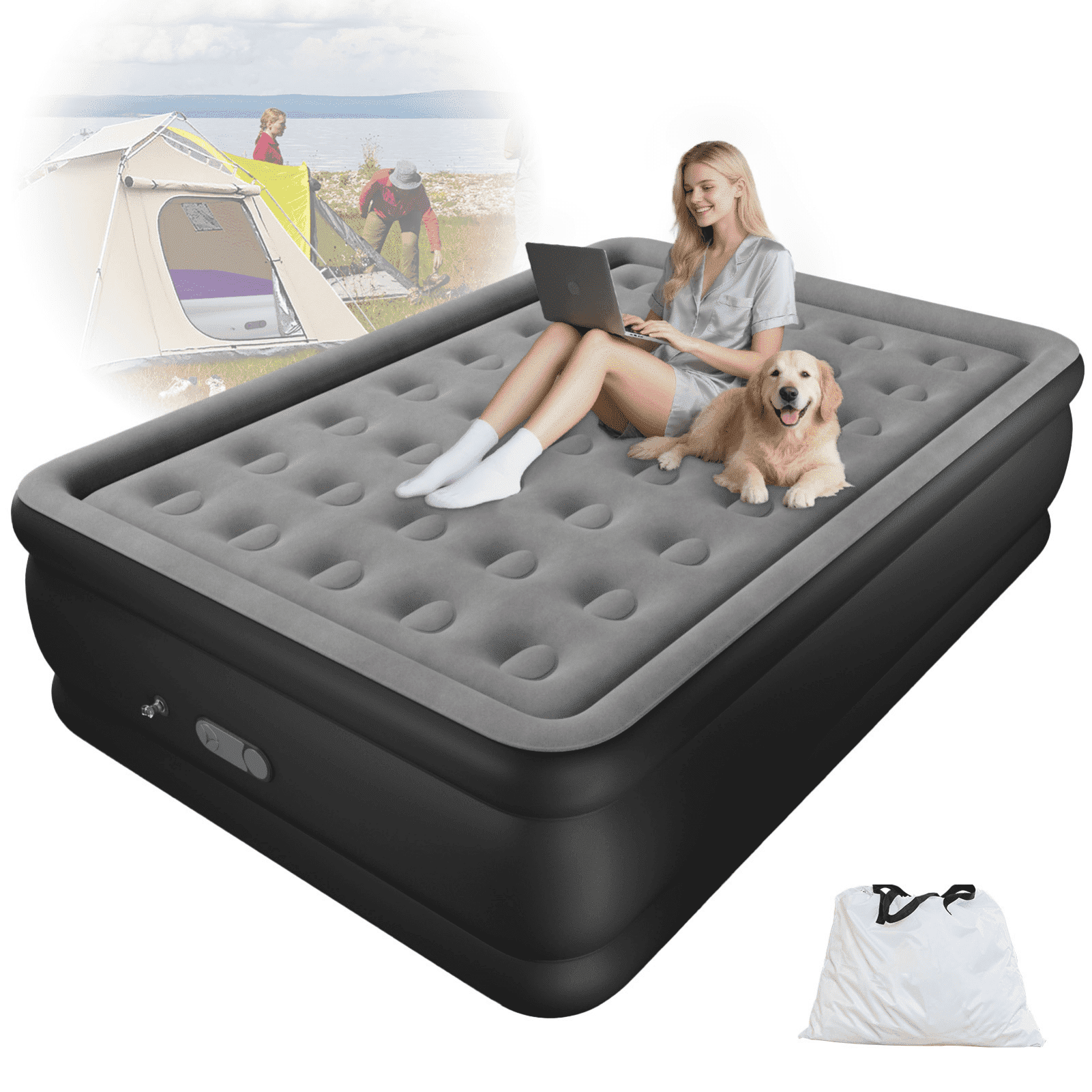 Queen 22" Top Flocking Air Mattress with Built-in Pump Raised Comfort,Fast Inflation/Deflation Foldable Portable Air Bed with Storage Bag for Home,Camping,Guests Grey